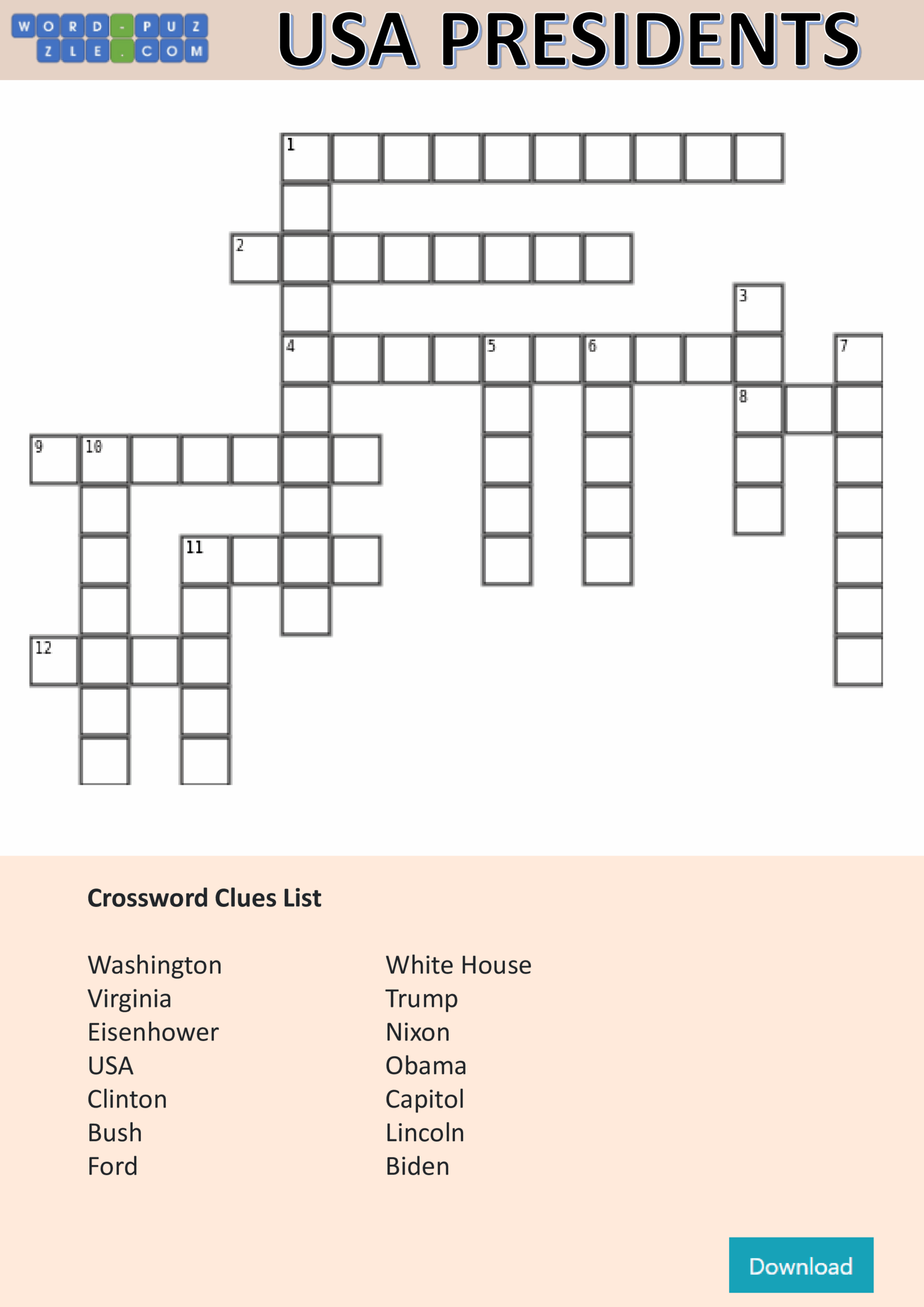 us presidents crossword puzzle printable