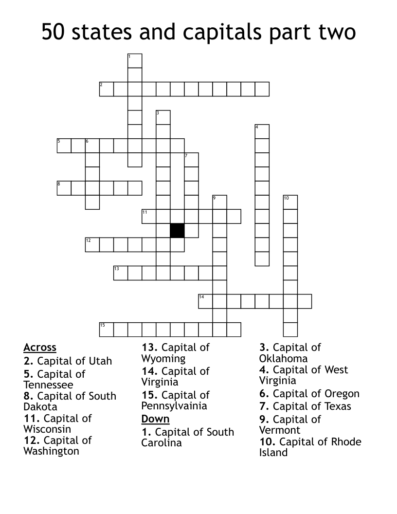 US State Capitals Crossword WordMint