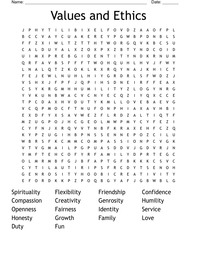 Values And Ethics Word Search WordMint