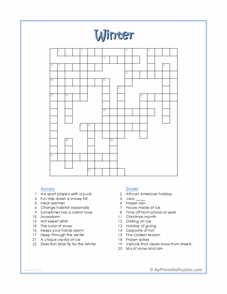 Winter Crossword Puzzle Advanced My Printable Puzzles