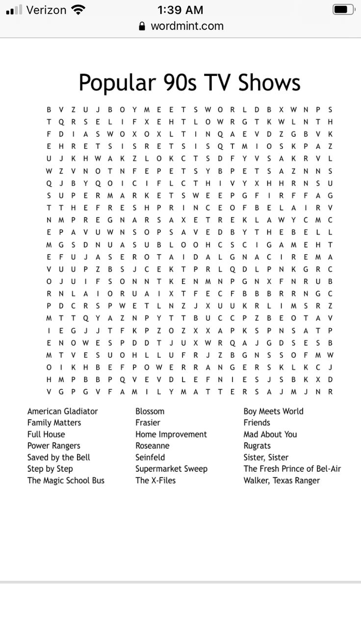 Word Search Puzzle 90 s TV Shows