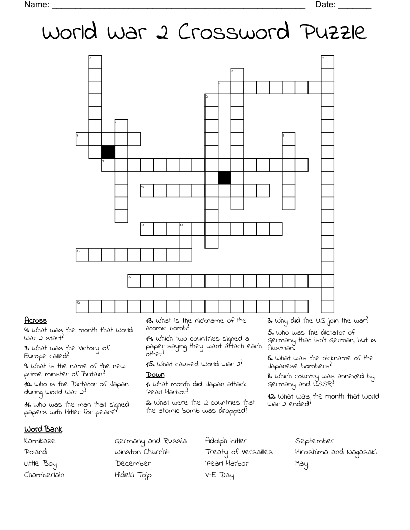 World War 2 Crossword Puzzle WordMint