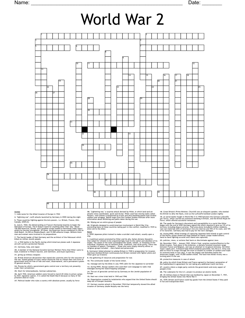 World War 2 Crossword WordMint
