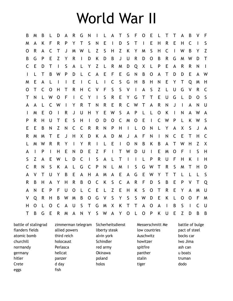 World War II Word Search WordMint