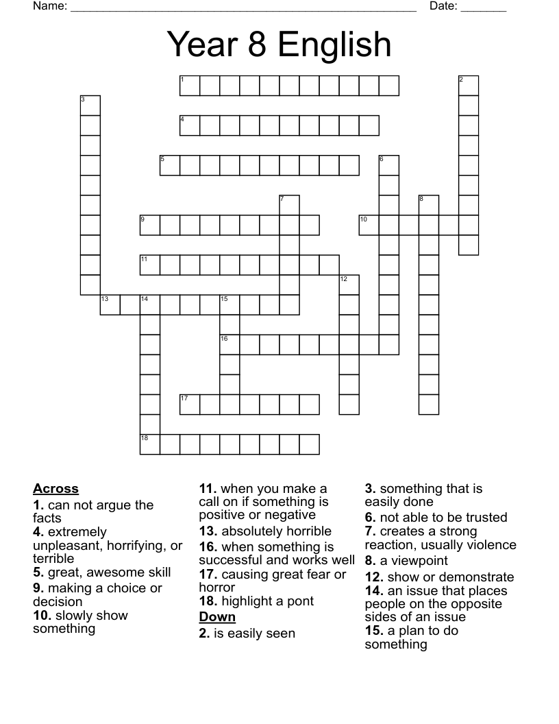 Year 8 English Crossword WordMint